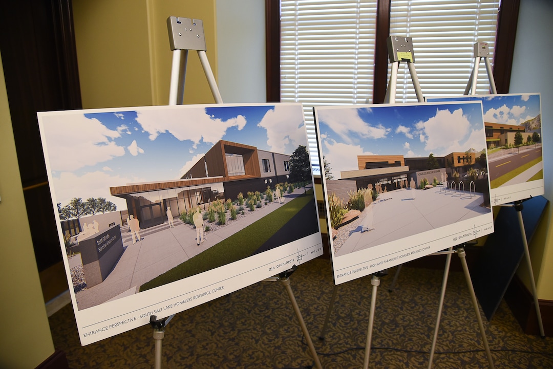 (Francisco Kjolseth  |  The Salt Lake Tribune)  Renderings give a snapshot of the three new shelters that will house a total of 700 new beds as the Homeless Resource Center Transition Team gets ready to present the planned timeline for the transition from the downtown shelter to the three new homeless resource centers during a press event at the Utah State Capitol on Wed. Jan. 23, 2019.