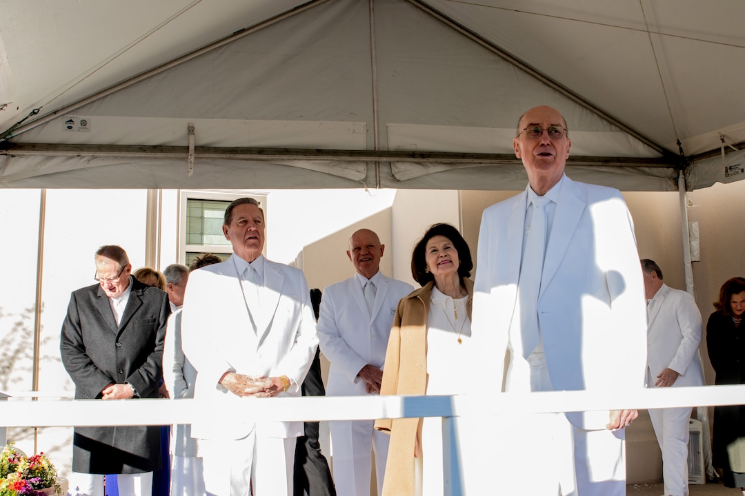 (Courtesy of the LDS Church) Prior to the dedication of the Cedar City Utah Temple, President Henry B. Eyring, first counselor in the First Presidency of the Church conducted the symbolic cornerstone ceremony that signifies the construction is complete and the new temple is ready to be dedicated and ready for sacred use. Joining President Eyring were Elder Jeffrey R. Holland of the Quorum of the Twelve Apostles, his wife, Patricia, and other Church leaders.