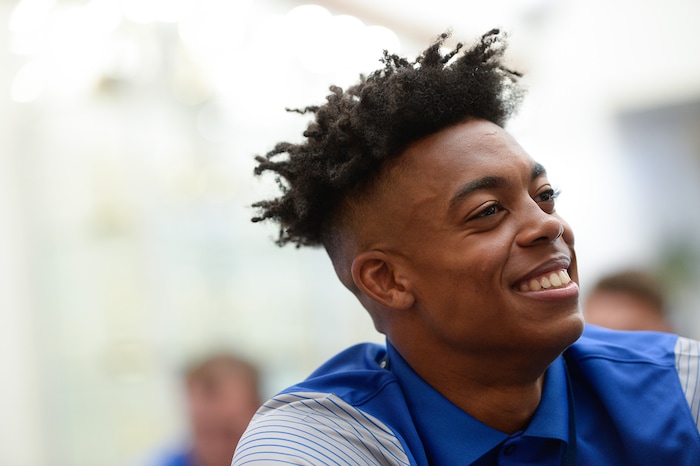 (Francisco Kjolseth  |  The Salt Lake Tribune)  Micah Simon is interviewed by the media BYU hosts their eighth-annual football media day at the BYU-Broadcasting Building on Friday, June 22, 2018.