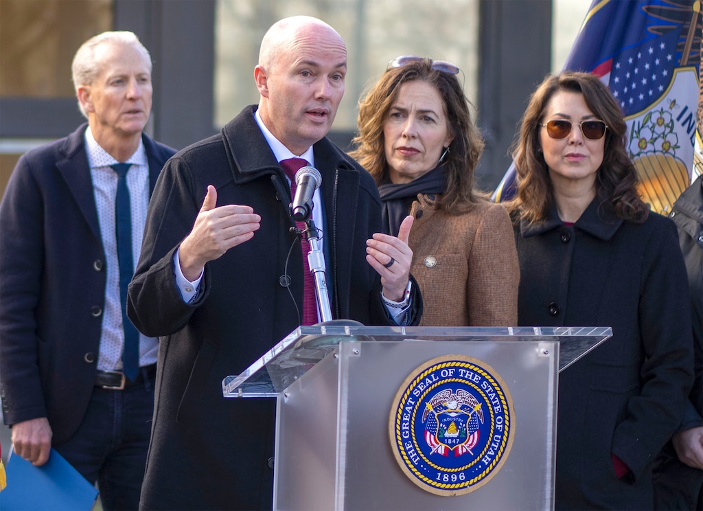 (Rick Egan | The Salt Lake Tribune)  Gov. Spencer Cox, joined by state and local officials, announces his budget recommendations for homeless services, at the Atherton Community Treatment Center, on Monday, Dec. 4, 2023.