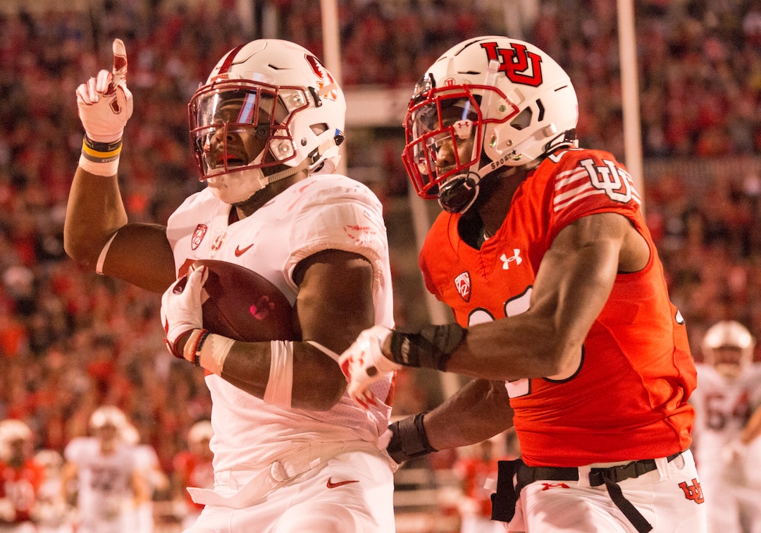 (Rick Egan  |  The Salt Lake Tribune)  Stanford Cardinal running back Bryce Love (20) celebrates his touchdown, in PAC-12 football action, at Rice-Eccles Stadium, Saturday, October 7, 2017.