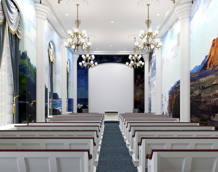 (Courtesy of The Church of Jesus Christ of Latter-day Saints) This rendering shows a remodeled instruction room in the St. George Temple.