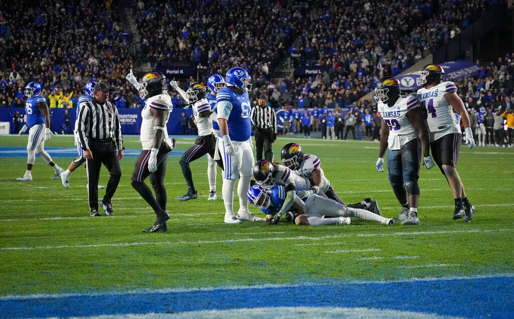(Bethany Baker  |  The Salt Lake Tribune) Kansas Jayhawks reacts to a turnover on downs by the Brigham Young Cougars in the fourth quarter of the game in Provo on Sunday, Nov. 17, 2024.