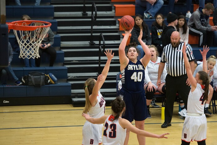 (Scott Sommerdorf   |  The Salt Lake Tribune)   Skyline's Cameron Mooney shoots a jumper during first half play. Skyline defeated Brighton 66-33, Friday, January 5, 2018.