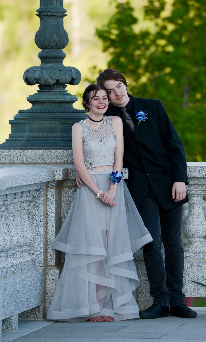 (Leah Hogsten  |  The Salt Lake Tribune) Utah Connections Academy student Kaitlynn Schrock and her date Nickolas Richardson pose for pictures on the Capitol grounds. Three virtual charter schools, Utah Virtual Academy, Utah Connections Academy and Mountain Heights Academy, co-hosted prom for their students, Friday, April 27, 2018. 