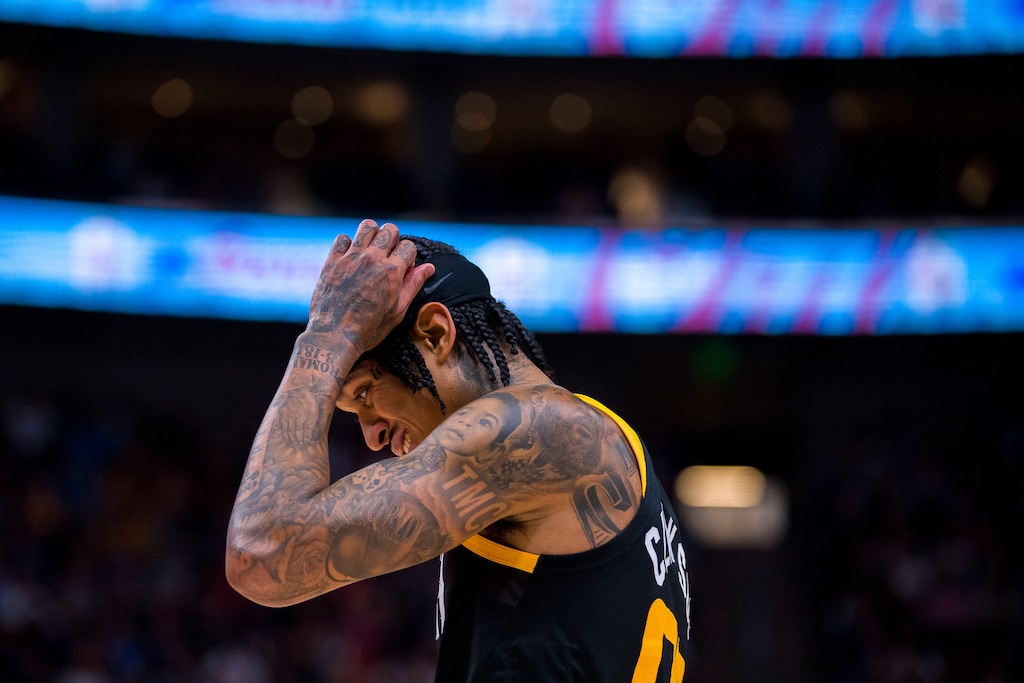 (Trent Nelson  |  The Salt Lake Tribune) Utah Jazz guard Jordan Clarkson (00) as the Utah Jazz host the Miami Heat, NBA basketball in Salt Lake City on Saturday, Nov. 13, 2021.
