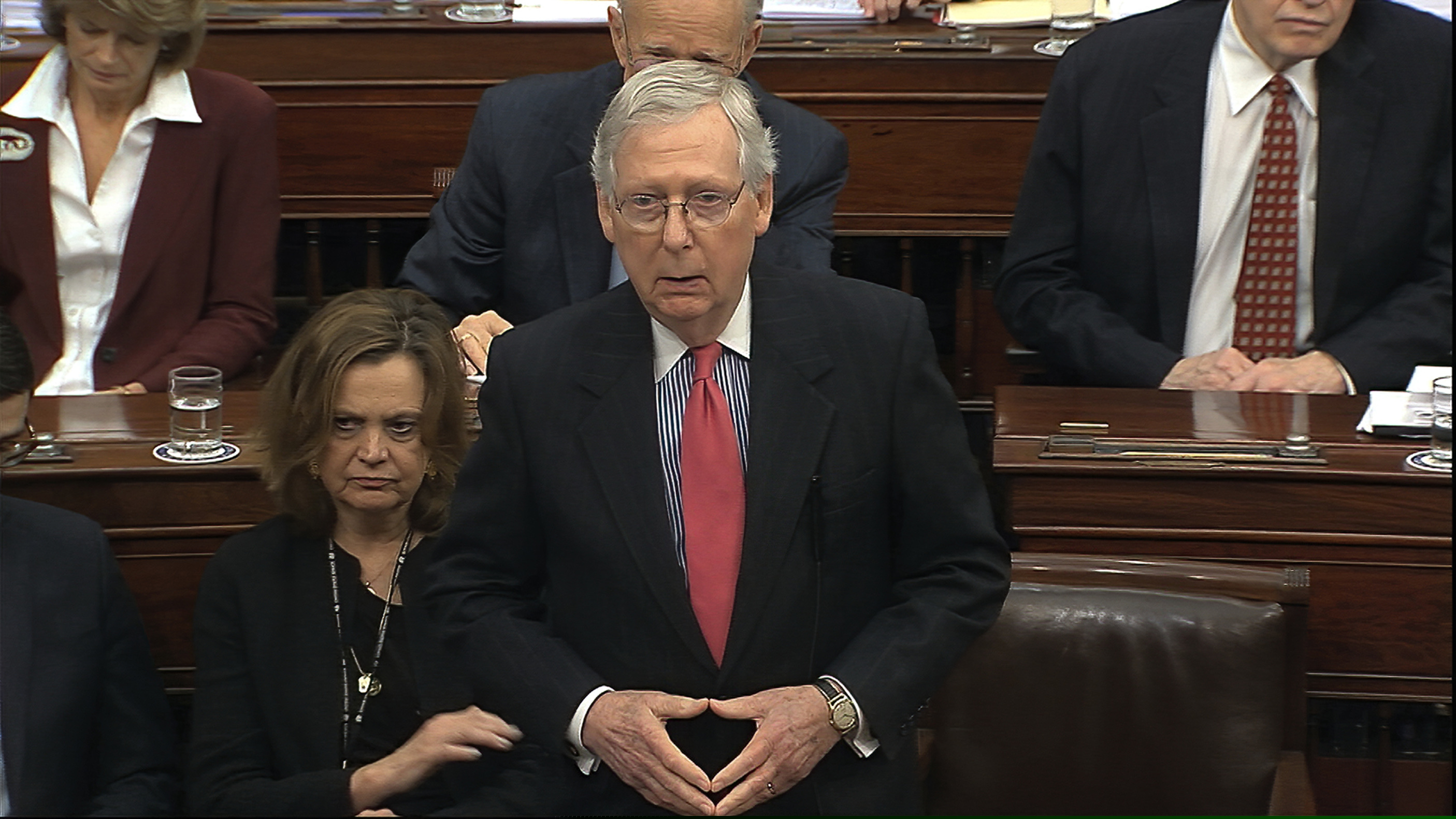 (Senate Television via AP) In this image from video, Senate Majority Leader Mitch McConnell, R-Ky., speaks during the impeachment trial against President Donald Trump in the Senate at the U.S. Capitol in Washington, Tuesday, Jan. 28, 2020.