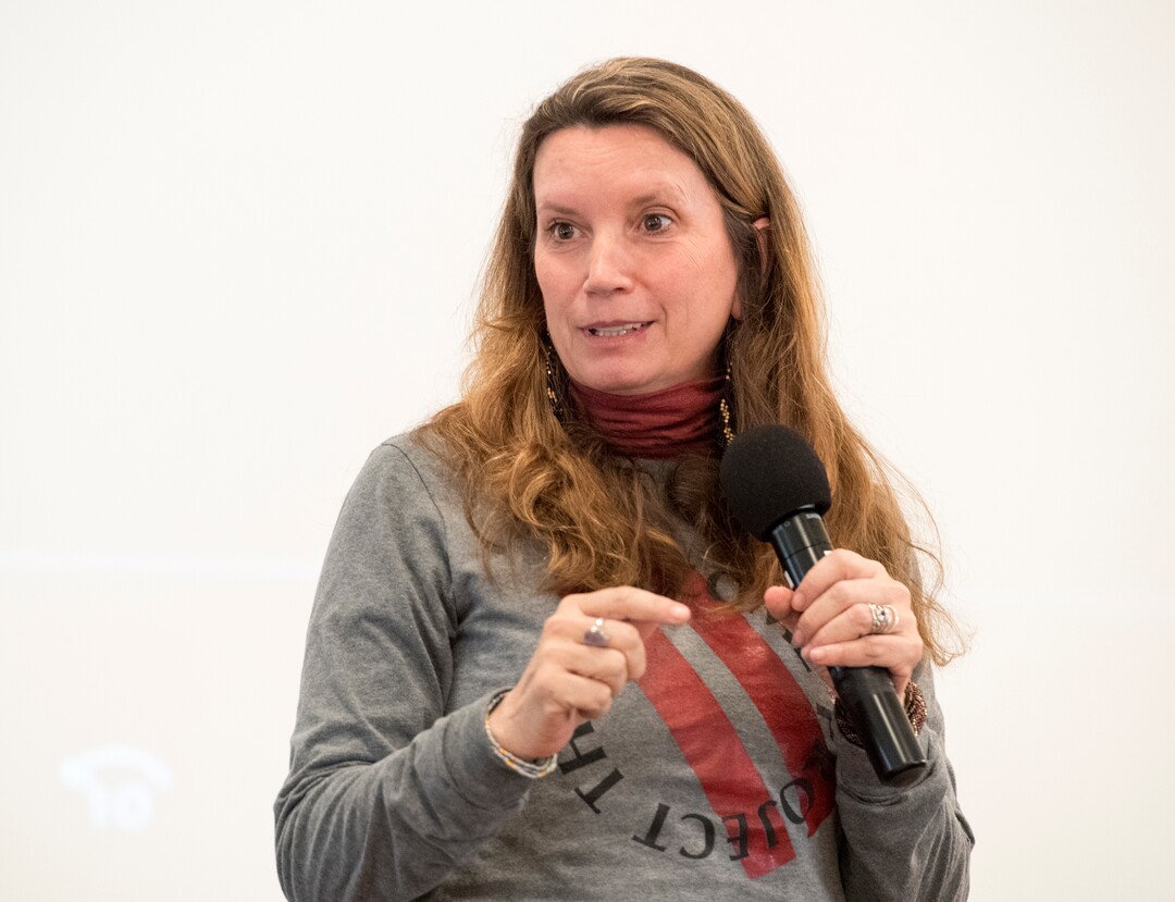(Rick Egan  |  The Salt Lake Tribune)       Keynote speaker and author, the Rev. Becca Stevens gives a talk presentation at the "Love Heals" forum on trafficking at St. Mark's Cathedral, Friday, March 23, 2018.