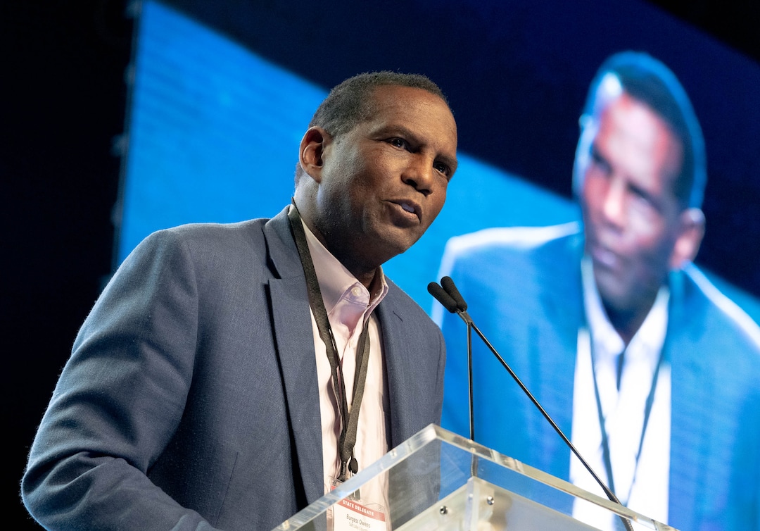 (Francisco Kjolseth | The Salt Lake Tribune) Rep. Burgess Owens addresses delegates attending the Utah Republican Party’s 2021 Organizing Convention at the Maverik Center in West Valley City on Saturday, May 1, 2021, as they return to an in-person format after the pandemic forced the nominating convention to go online last year.