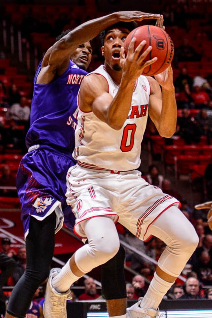 (Trent Nelson | The Salt Lake Tribune)  Utah Utes guard Sedrick Barefield (0) defended by Northwestern State Demons guard Iziahiah Sweeney (1) as the University of Utah hosts Northwestern State, NCAA basketball in Salt Lake City, Wednesday December 20, 2017.