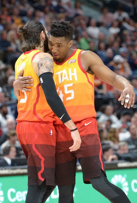 (Leah Hogsten | The Salt Lake Tribune) In the remaining seconds of the game Utah Jazz guard Donovan Mitchell (45) celebrates the win with Utah Jazz guard Ricky Rubio (3). The Utah Jazz defeated the Los Angeles Lakers 117-110 at Vivint Smart Home Arena Tuesday, April 3, 2018