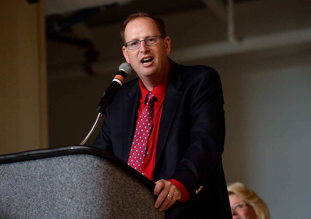 (Scott Sommerdorf   |  The Salt Lake Tribune)   Grant Stock, the High School principal at the RSL Academy Charter School addresses the students in the new Academy's opening week., Thursday, August 23, 2017. 