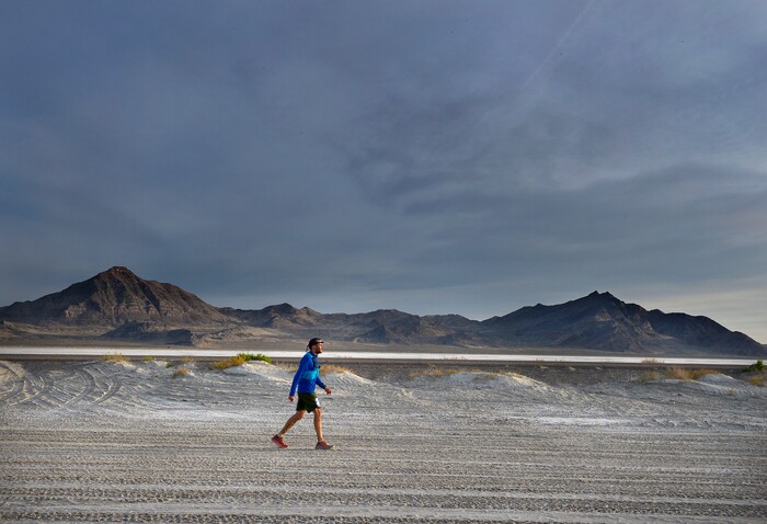(Scott Sommerdorf | The Salt Lake Tribune)
Alex Doolan walks the last mile of the Salt Flats 100 Endurance Run, Saturday, May 5, 2018.
