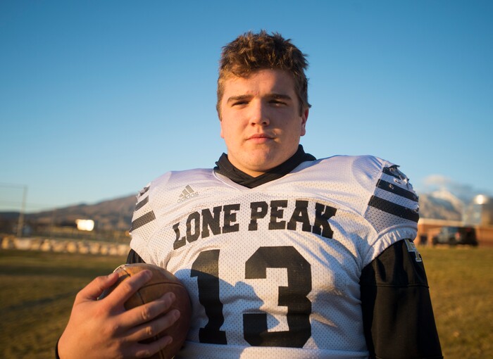 (Rick Egan  |  The Salt Lake Tribune)   Lone Peak fullback Masen Wake, at practice, Tuesday, November 7, 2017.