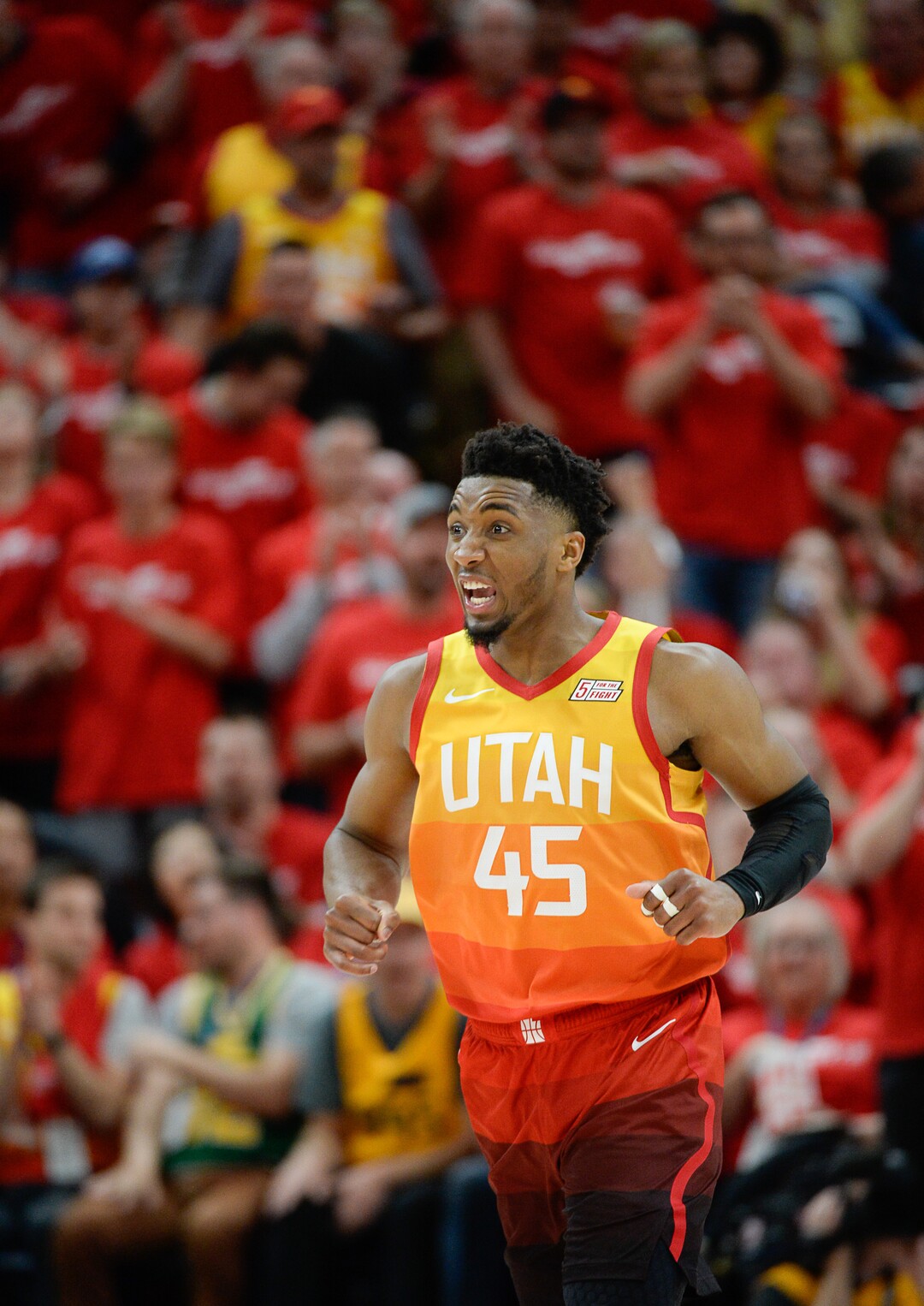 (Francisco Kjolseth  |  The Salt Lake Tribune)  Utah Jazz guard Donovan Mitchell (45) celebrates a three pointer against the Rockets in Game 3 loss of 101-104 of a first-round NBA basketball playoff series in Salt Lake City, Saturday, April 20, 2019.