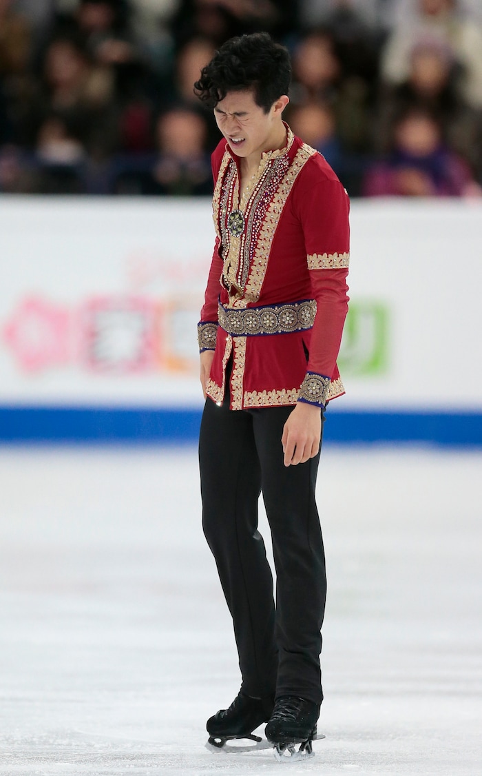 Nathan Chen, of the United States, grimaces after his free program at the World figure skating championships in Helsinki, Finland, on Saturday, April 1, 2017. (AP Photo/Ivan Sekretarev)