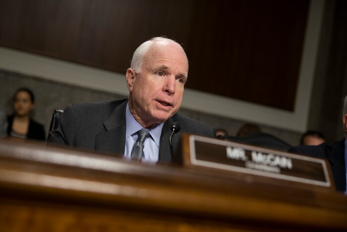 FILE - In this Fb. 9, 2016 file photo, Senate Armed Services Committee Chairman Sen. John McCain, R-Ariz. speaks on Capitol Hill in Washington. Tough talk about torture is a guaranteed applause line for Donald Trump on the GOP presidential stump. Trump has repeatedly advocated waterboarding, an enhanced interrogation technique that simulates the feeling of drowning. Last year, McCain and Sen. Dianne Feinstein, D-Calif. introduced an amendment to the 2016 defense policy bill that essentially codified the executive order of President Barack Obama. Feinstein said it was important because a future president could lift Obamas executive order.  (AP Photo/Evan Vucci, File)