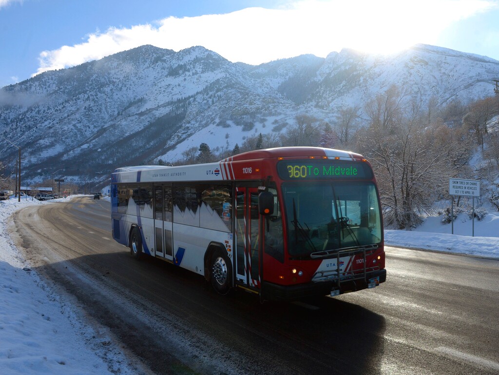 (Al Hartmann | Tribune file photo) A UTA ski bus comes down Big Cottonwood Canyon after dropping off skiers at the resorts in 2016.