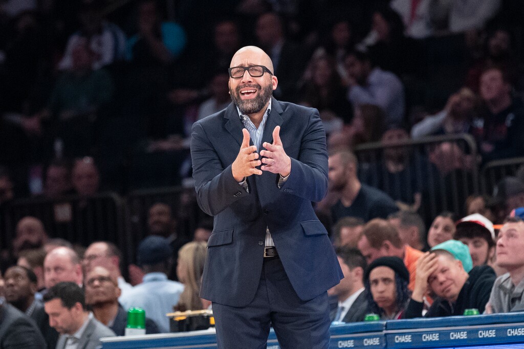 New York Knicks coach David Fizdale reacts during the first half of the team's NBA basketball game against the Denver Nuggets, Thursday, Dec. 5, 2019, at Madison Square Garden in New York. (AP Photo/Mary Altaffer)