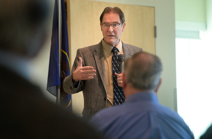 (Scott Sommerdorf   |  The Salt Lake Tribune)   
The new United Utah Party State Party Chair Richard Davis speaks to a small gathering as the party held its first Salt Lake County convention to elect county officers. 
Also speaking to the group was congressional candidate Jim Bennett, Saturday, October 28, 2017. 