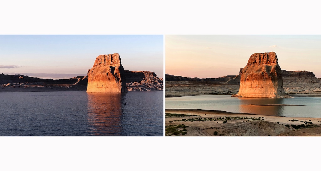 (Rick Egan | The Salt Lake Tribune)  Lone Rock at Powell, on Sunday, September 6, 2020 and Tuesday, Aug. 3, 2021. 