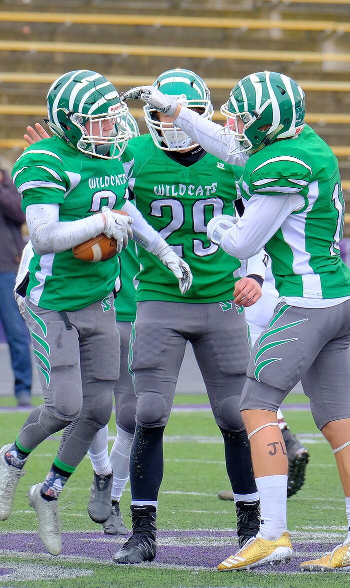 (Leah Hogsten  |  The Salt Lake Tribune)  South Summit celebrates a touchdown.  South Summit High School boys' football team leads Grand County High School 34-3 during their class 2A state semifinal football game Saturday, November 4, 2017 at Weber State University's Stewart Stadium.