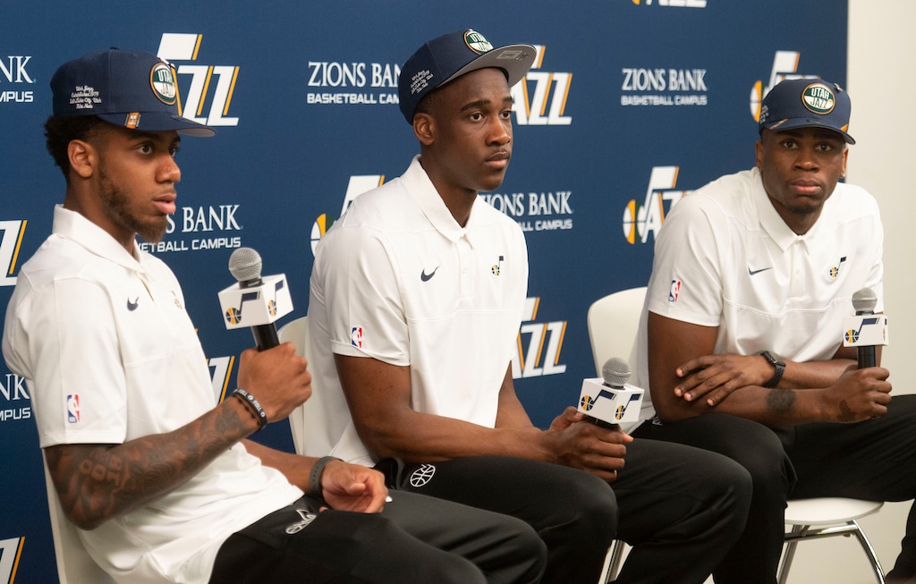 (Rick Egan  |  The Salt Lake Tribune)   Utah Jazz draft picks Justin Wright-Foreman, Miye Oni, and Jarrell Brantley are introduced to the media during a news conference at the Zions Bank Basketball Campus, Thursday, June 27, 2019.