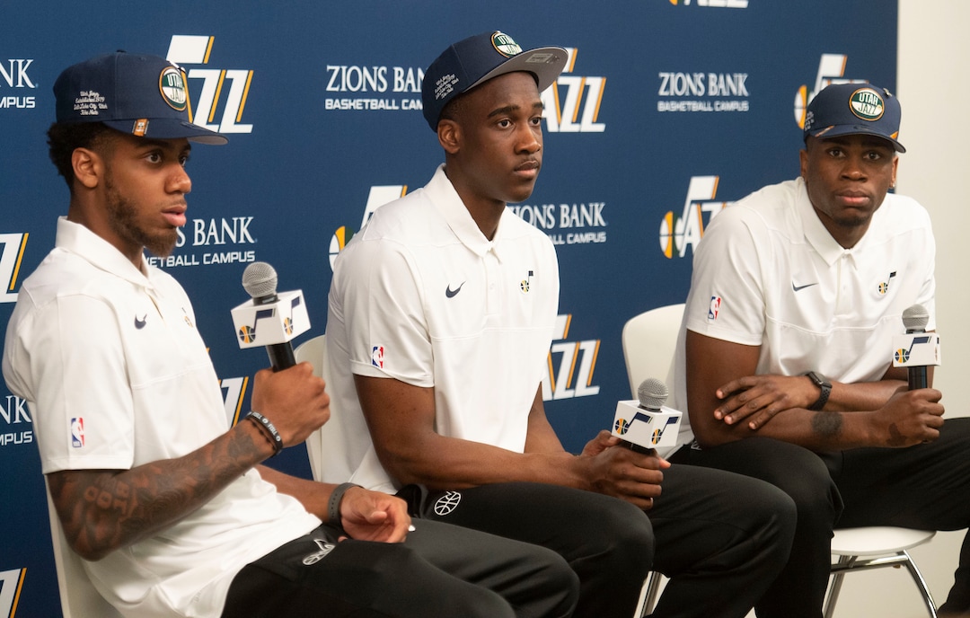(Rick Egan  |  The Salt Lake Tribune)   Utah Jazz draft picks Justin Wright-Foreman, Miye Oni, and Jarrell Brantley are introduced to the media during a news conference at the Zions Bank Basketball Campus, Thursday, June 27, 2019.