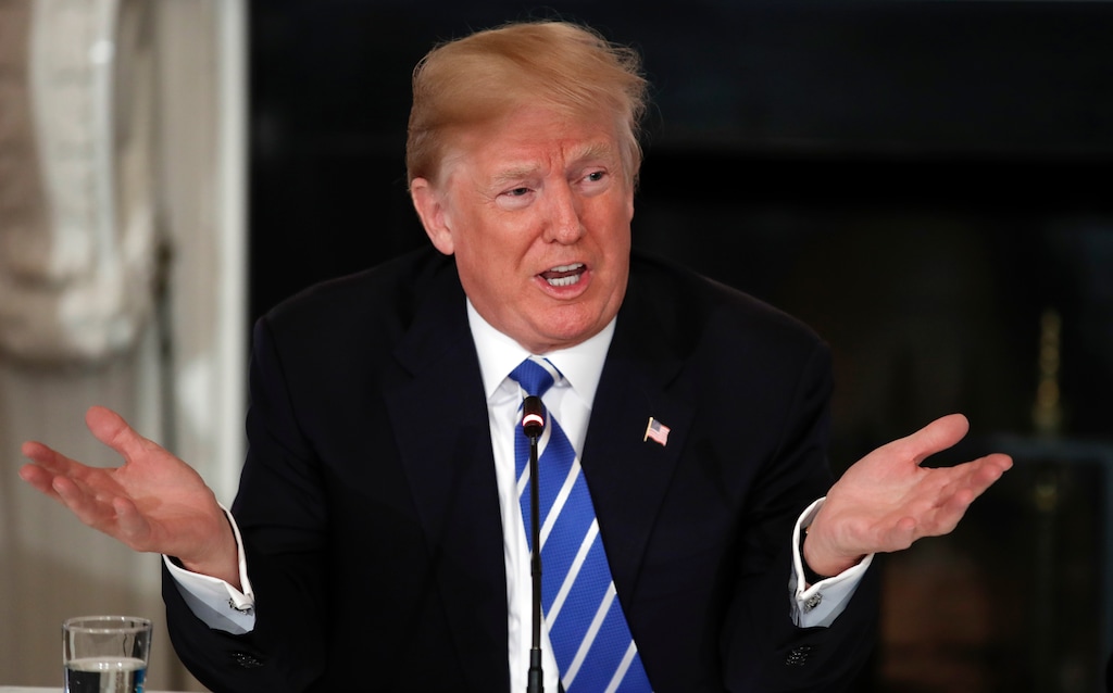 In this Feb. 12, 2018, photo, President Donald Trump speaks during a meeting with state and local officials about infrastructure in the State Dining Room of the White House in Washington. (AP Photo/Carolyn Kaster)