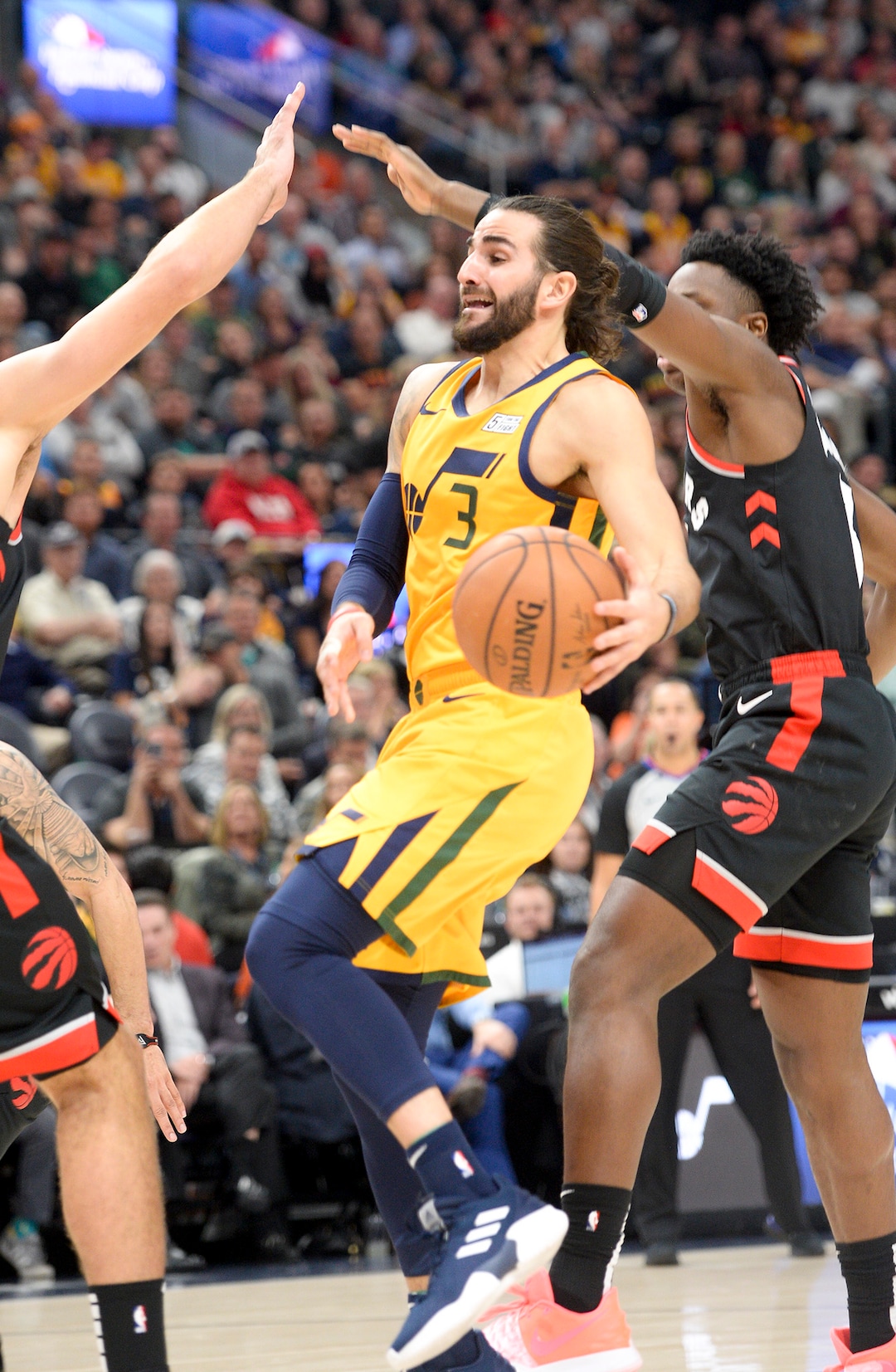 Leah Hogsten  |  The Salt Lake Tribune Utah Jazz guard Ricky Rubio (3) looks for the pass as the Utah Jazz host the Toronto Raptors, Monday, Nov. 5, 2018 at  Vivint Smart Home Arena.