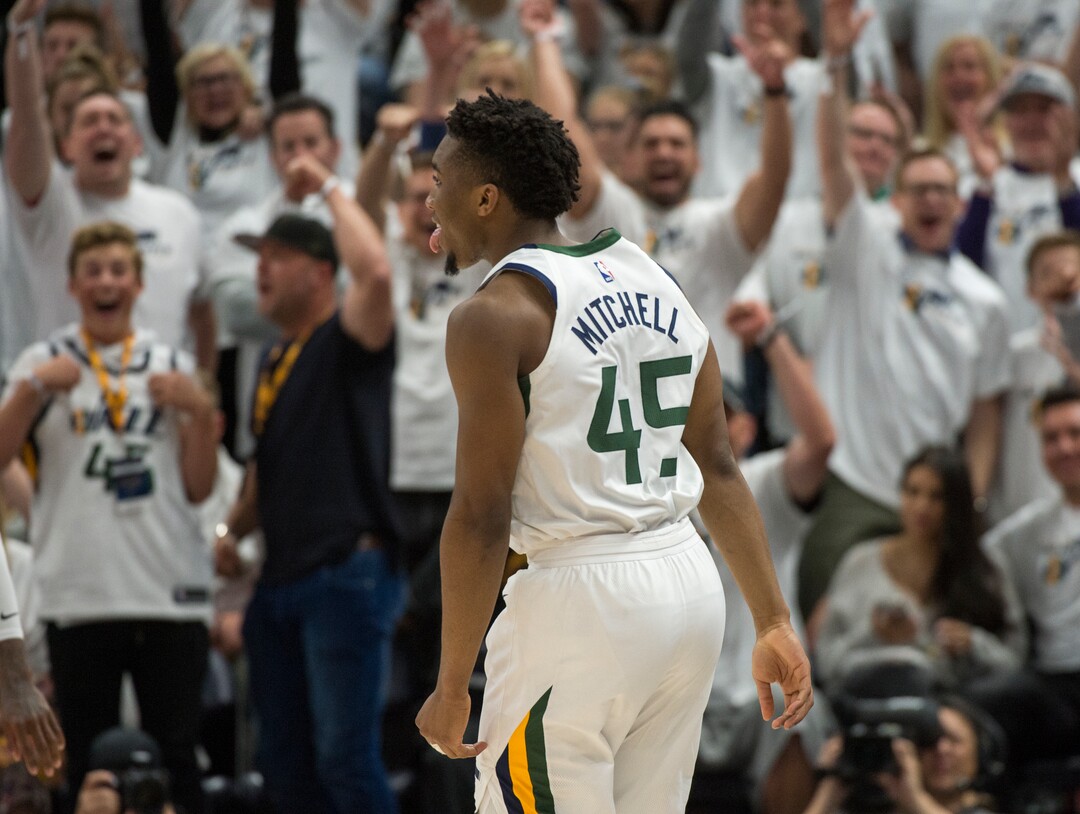 (Rick Egan  |  The Salt Lake Tribune) Utah Jazz guard Donovan Mitchell (45) reacts after putting the Jazz up by 20 with a 3-point-shot, in game 4, NBA playoff action between Utah Jazz and Oklahoma City Thunder, in Salt Lake City, Monday April 23, 2018.