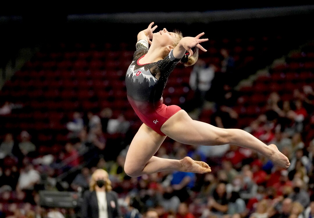 (Francisco Kjolseth | The Salt Lake Tribune) Utah’s Grace McCallum performs her floor routine at the Best of Utah NCAA Gymnastics Meet at the Maverik Center in West Valley City on Friday, Jan. 7, 2022.