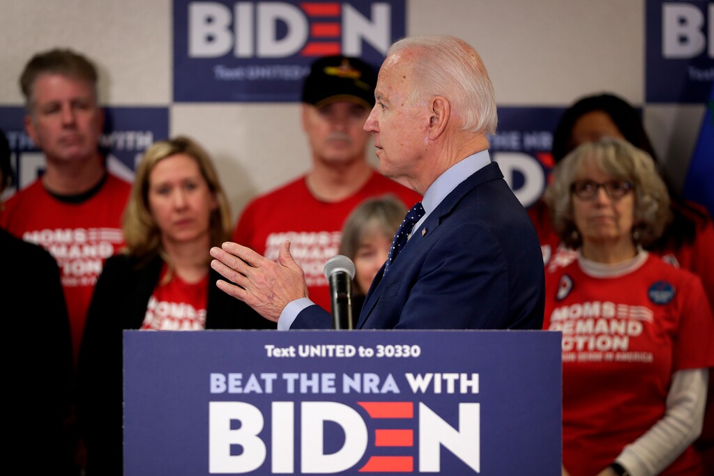 Democratic presidential candidate, former Vice President Joe Biden, turns to speak directly to gun violence survivors and activists, during a campaign stop, Thursday, Feb. 20, 2020, in Las Vegas. (AP Photo/Matt York)