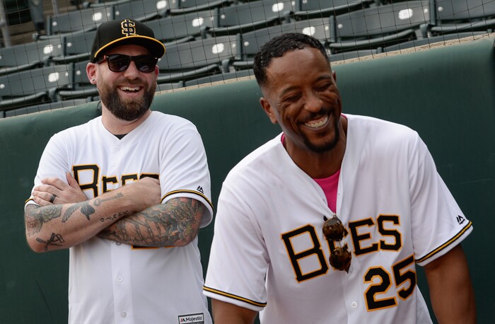 (Francisco Kjolseth  |  The Salt Lake Tribune)  Members of the cast from the movie "The Sandlot," including Bertram (Grant Gelt), left, and DeNunez (Brandon Quintin Adam), reunite as the Salt Lake Bees celebrate the 25th anniversary of the Utah-filmed movie at the Smith's Ballpark on Friday, Aug. 10, 2018.