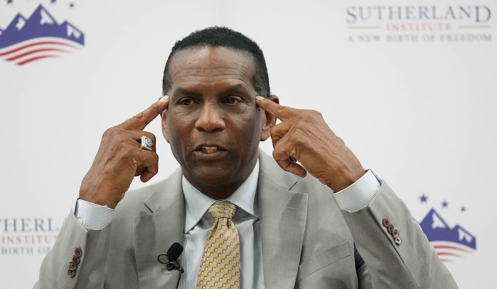 (Francisco Kjolseth | The Salt Lake Tribune) Utah Republican 4th District Rep. Burgess Owens speaks at the Hinckley Institute of Politics as part of the Sutherland Institute's 2023 Congressional Series on the University of Utah campus Wednesday, Aug. 30, 2023.