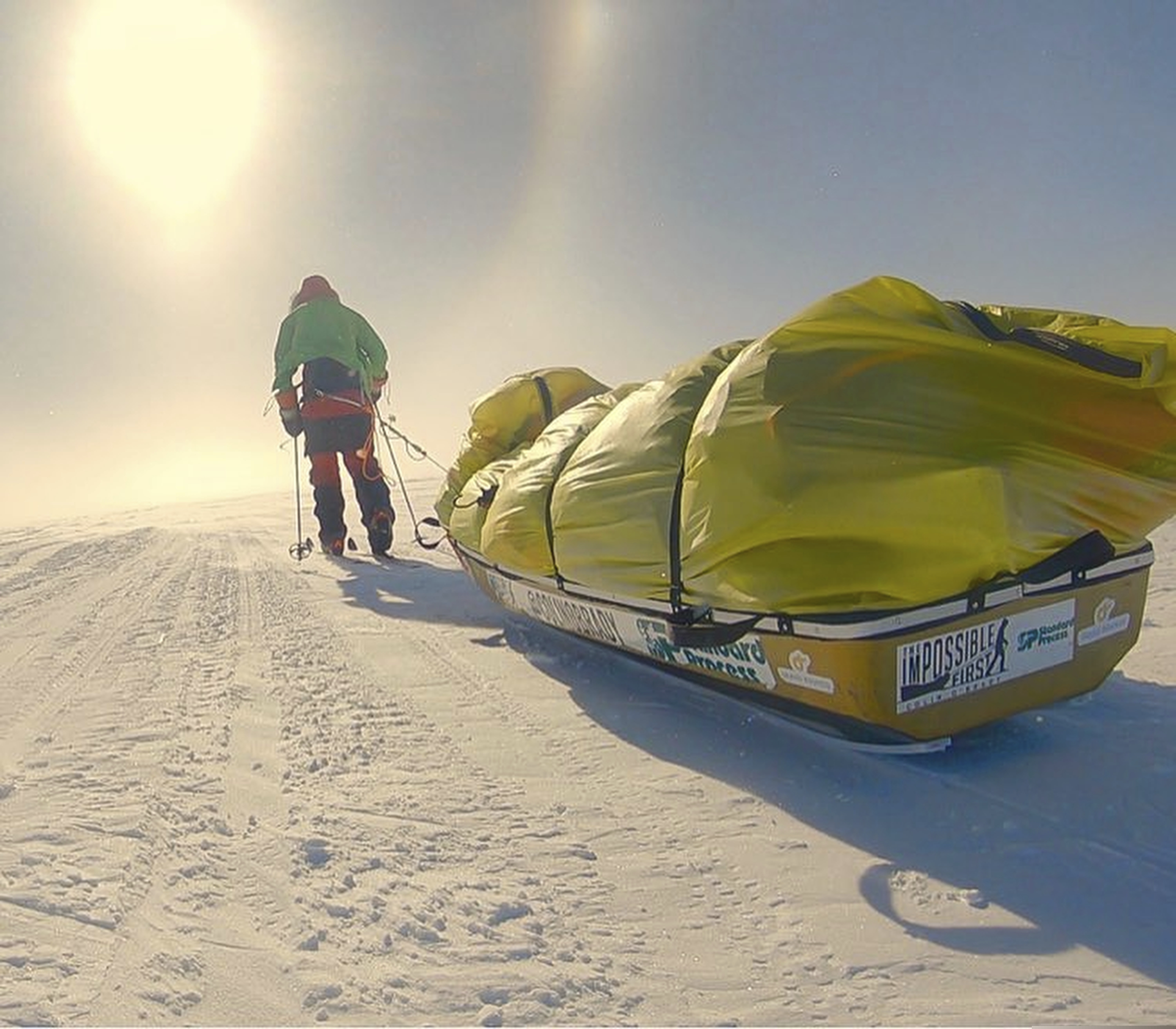 (Colin O'Brady via AP) In this photo provided by Colin O'Brady, of Portland., Ore., he poses for a photo while traveling across Antarctica on Wednesday, Dec. 26, 2018. He has become the first person to traverse Antarctica alone without any assistance. O'Brady finished the 932-mile (1,500-kilometer) journey across the continent in 54 days, lugging his supplies on a sled as he skied in bone-chilling temperatures.