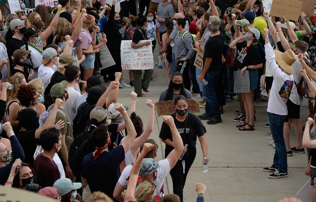 (Francisco Kjolseth  |  The Salt Lake Tribune) Demonstrators protesting against police brutality gather at the Park building at the University of Utah on Wednesday, June 3, 2020, in Salt Lake City, as the initially set 8 p.m. weeklong curfew was removed.