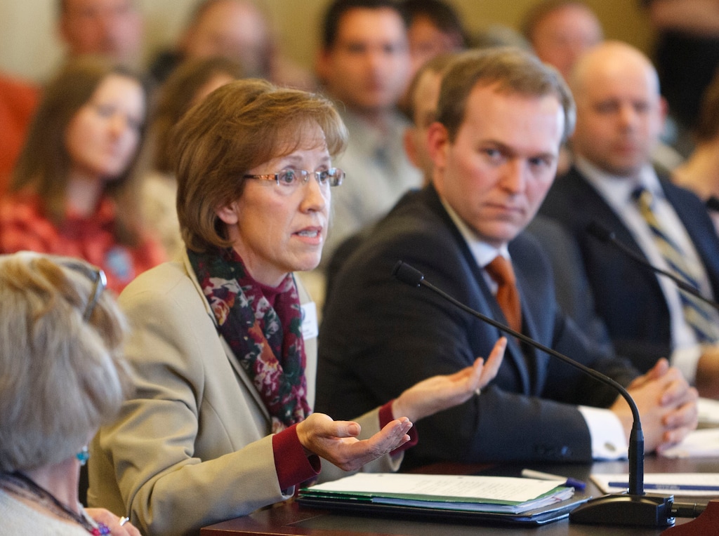 Trent Nelson | The Salt Lake Tribune
Laura Bunker of United Families Utah speaks in opposition to SB0051 as the Senate Government Operations and Politicial Subdivisions Standing Committee considered (and later voted to table) Senator Ben McAdams' Statewide Nondiscrimination Protection Amendments Friday, February 3, 2012 in Salt Lake City, Utah. McAdams at right.