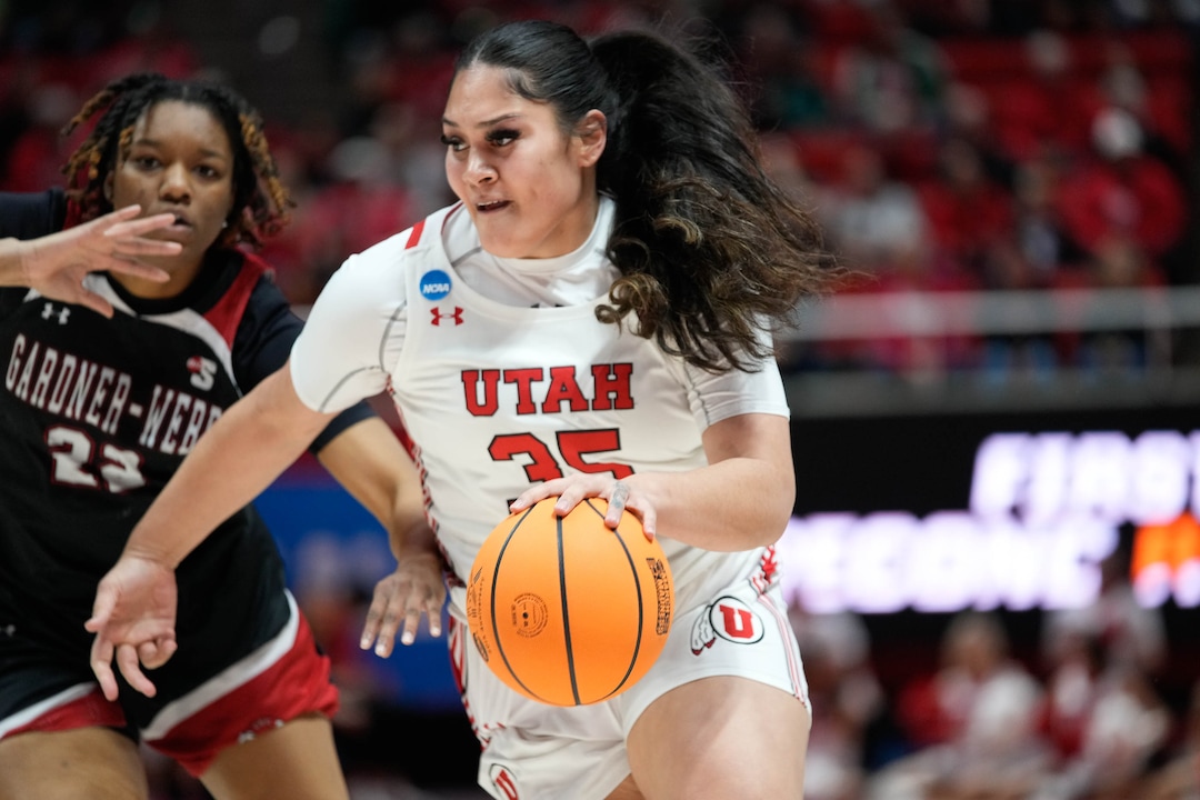 (Francisco Kjolseth | The Salt Lake Tribune) Utah Utes forward Alissa Pili (35) pushes past Gardner-Webb Runnin' Bulldogs forward Layken Cox (22) of a first-round college basketball game in the NCAA Tournament, Friday, March 17, 2023, in Salt Lake City, Utah.