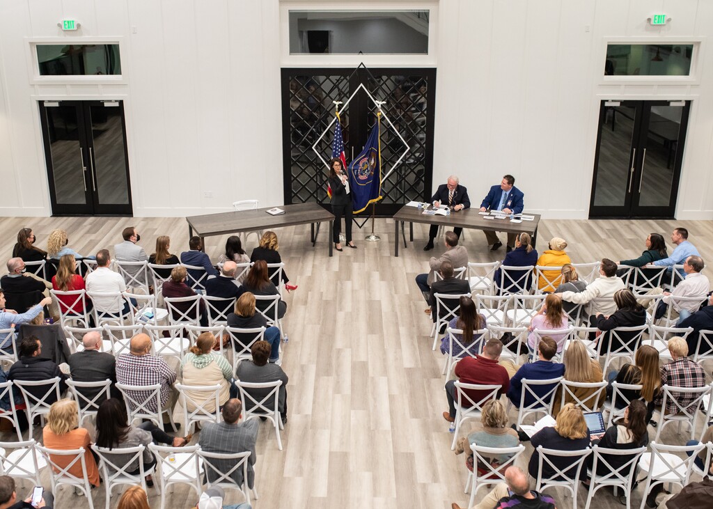 (Trevor Christensen | Special to The Tribune) Lt. Gov. Deidre Henderson answers a question about the state flag at a town hall focused on election security in Spanish Fork, on Thursday, Feb. 10, 2022.