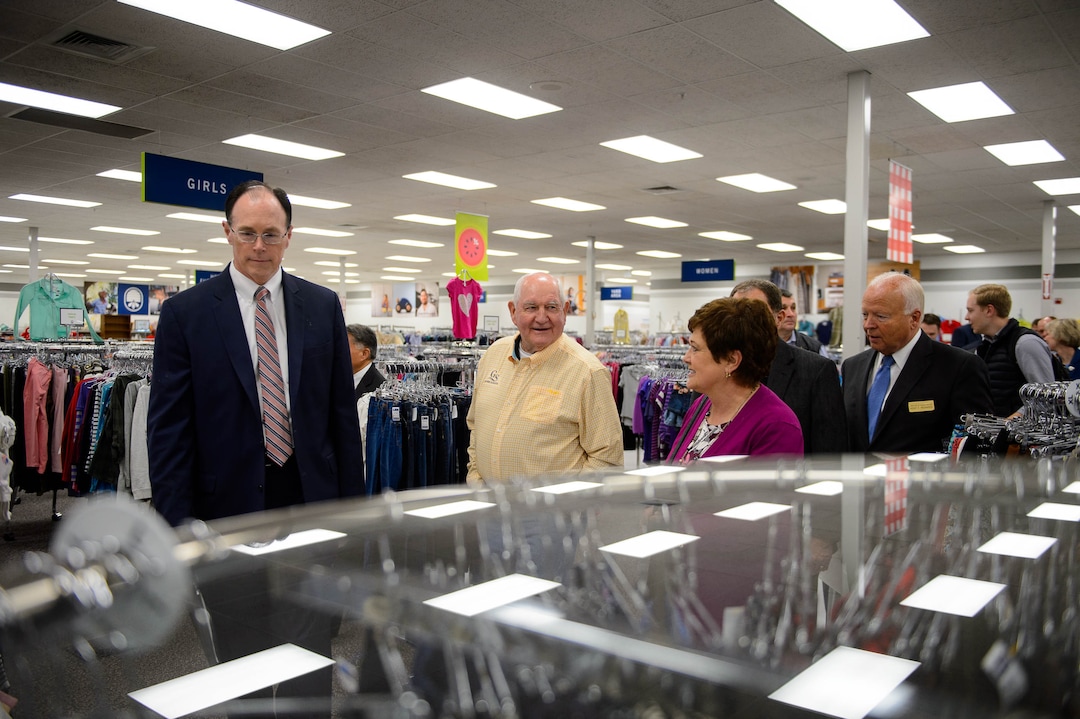 (Trent Nelson  |  The Salt Lake Tribune)  Agriculture Secretary Sonny Perdue on a tour of Welfare Square in Salt Lake City on Wednesday May 22, 2019. From left, Bishop W. Christopher Waddell, Perdue, Jeanette Herbert, and Elder Kent F. Richards.
