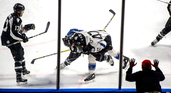(Steve Griffin  |  The Salt Lake Tribune) Fans get into the action as they net to the boards during the Utah Grizzlies versus Idaho Steelheads game at the Maverik Center in West Valley City Monday Feb. 19, 2018.
