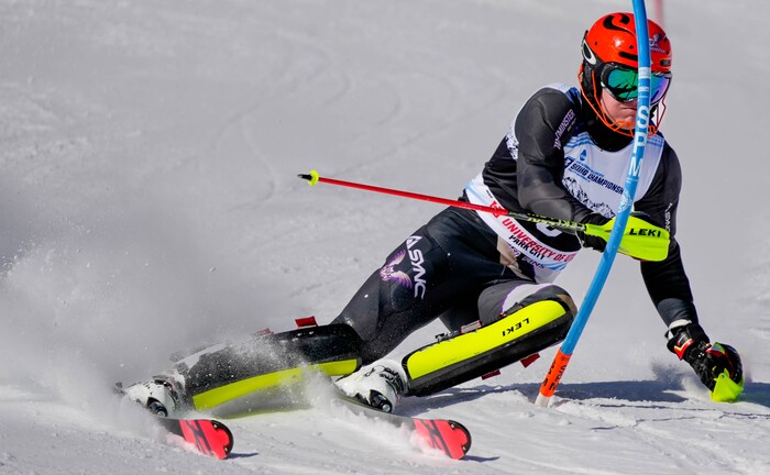 (Francisco Kjolseth | The Salt Lake Tribune) Mikkel Solbakken of Westminster College competes in men’s slalom during the NCAA Skiing Championships held at Park City Mountain Resort on Friday, March 11, 2022, in Park City, Utah.