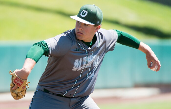 (Rick Egan  |  The Salt Lake Tribune)   Harrison Creer pitches for Olympus, in the 5A state baseball championship game, at UVU in Orem, Friday, May 25, 2018.