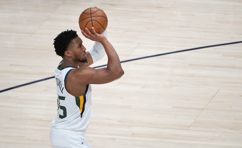 (Francisco Kjolseth  | The Salt Lake Tribune) Utah Jazz guard Donovan Mitchell (45) at the line as the Utah Jazz take on the Milwaukee Bucks at Vivint Smart Home Arena in Salt Lake City, on Friday, Feb. 12, 2021.