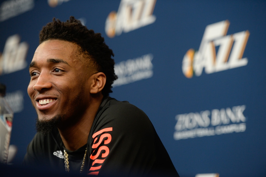 (Francisco Kjolseth  |  The Salt Lake Tribune)  Donovan Mitchell of the Utah Jazz speaks with the media following their season-ending game at the team practice facility on Thursday, April 25. 2019.