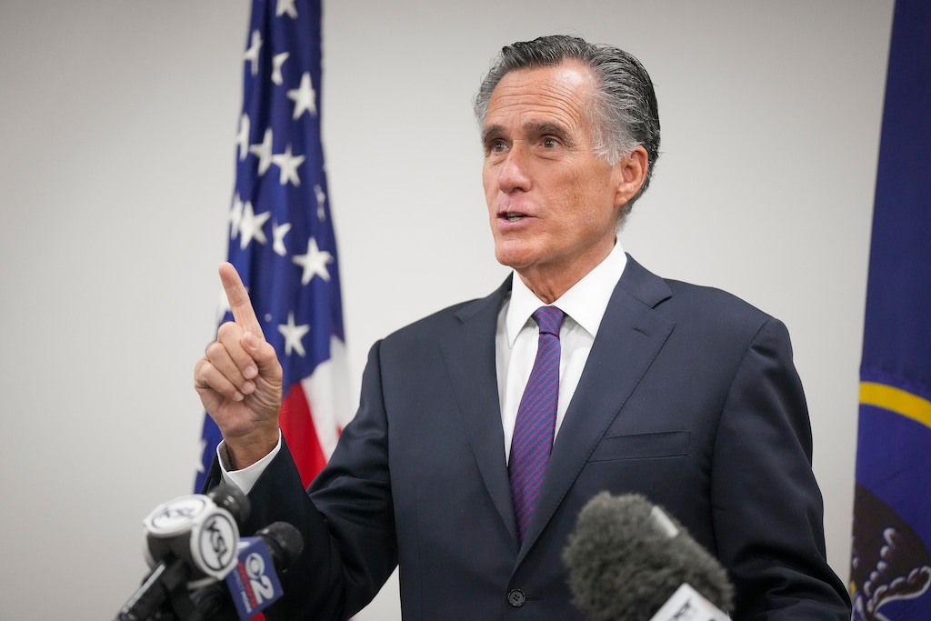 (Bethany Baker  |  The Salt Lake Tribune) Sen. Mitt Romney speaks during his farewell press conference at Wallace F. Bennett Federal Building in Salt Lake City on Friday, Dec. 13, 2024.