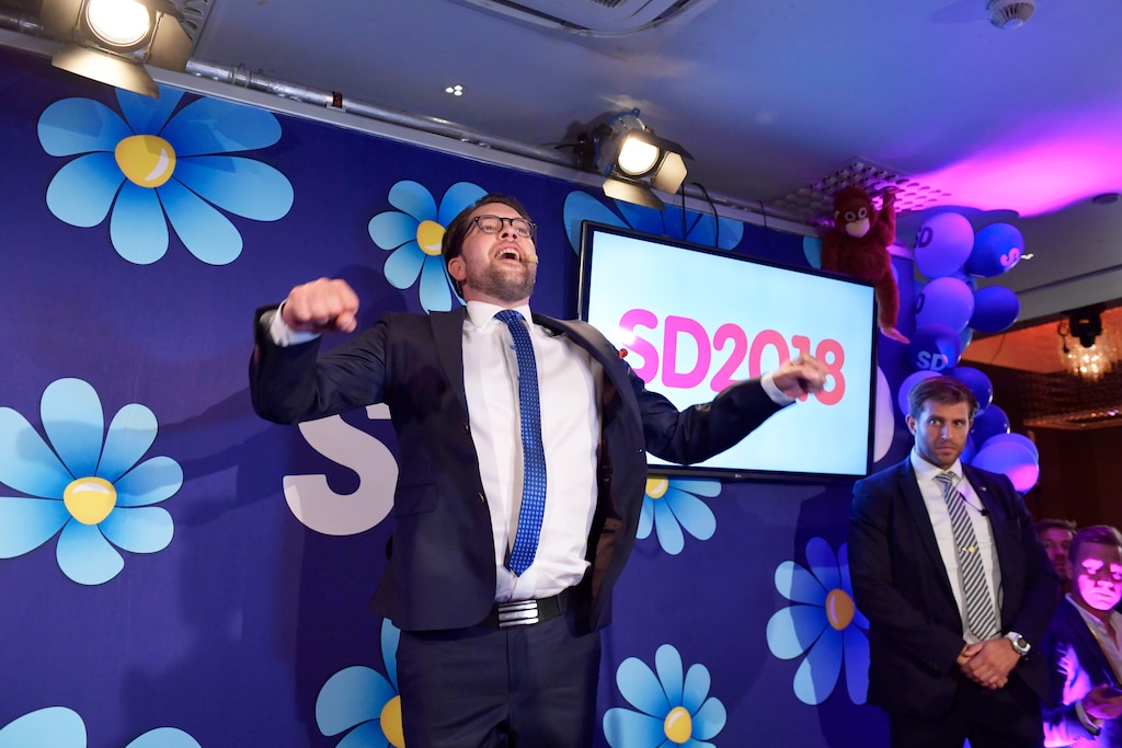(Anders Wiklund | TT | The Associated Press) Sweden Democrats party leader Jimmie Åkesson speaks at the election party in Stockholm, Sweden, Sunday, Sept. 9, 2018. Returns reported by the Scandinavian country's election commission showed the Sweden Democrats placing third in the parliamentary election held Sunday. Addressing supporters after more than four-fifths of ballots were counted, Akesson said the victory was in the number of seats the party gained in the national assembly, the Riksdagen.