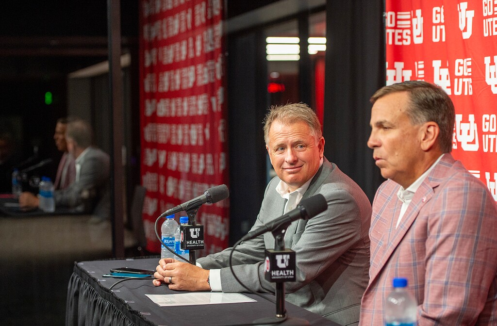 (Chris Samuels | The Salt Lake Tribune) University of Utah president Taylor Randall, left, and athletic director Mark Harlan hold a news conference at Rice-Eccles Stadium after announcing the school’s entrance to the Big 12 Conference, Monday, Aug. 7, 2023.