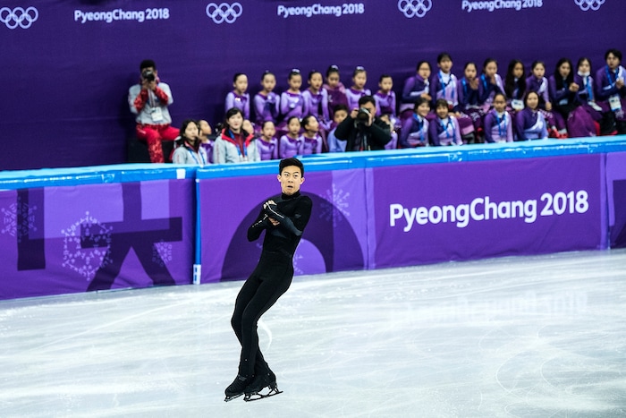 (Chris Detrick  |  The Salt Lake Tribune)  Salt Lake City's Nathan Chen competes in the Men's Single Skating Short Program for the Team Event at the Gangneung Ice Arena Friday, February 9, 2018.  Chen got fourth place with a score of 80.61.